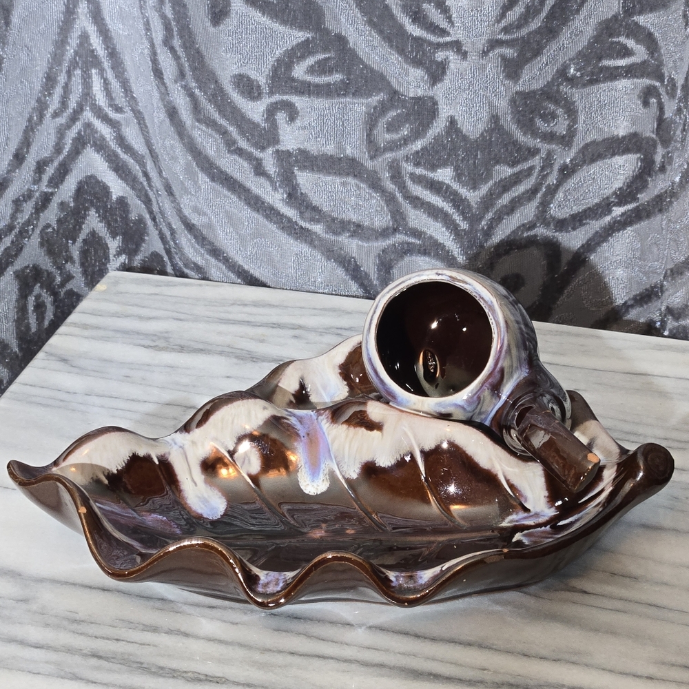 Unique Brown Ceramic Leaf And Pipe Ashtray